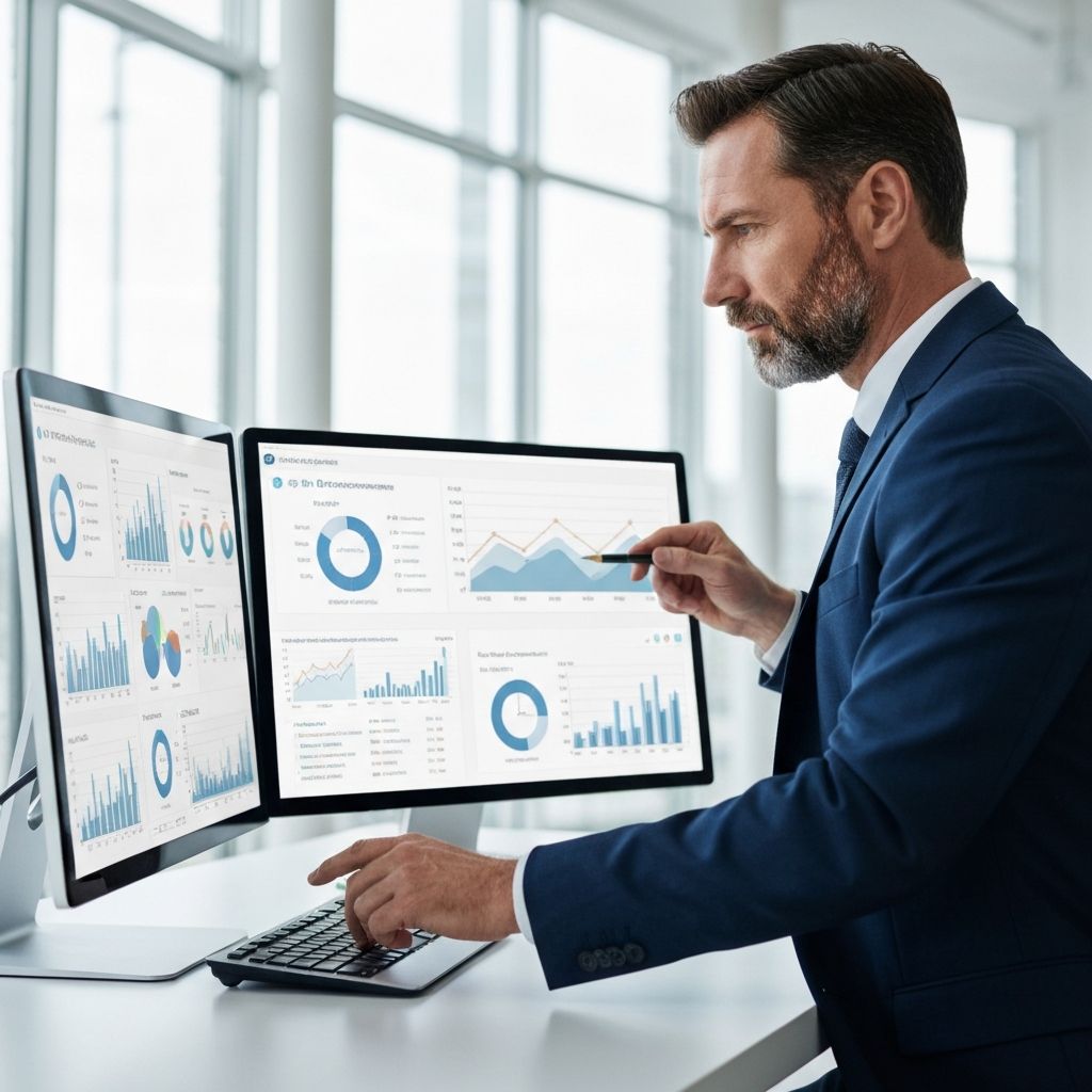 Directivo de empresa industrial analizando dashboards financieros y métricas de contabilidad de gestión en pantalla moderna, entorno profesional de oficina con gráficos de rendimiento operativo