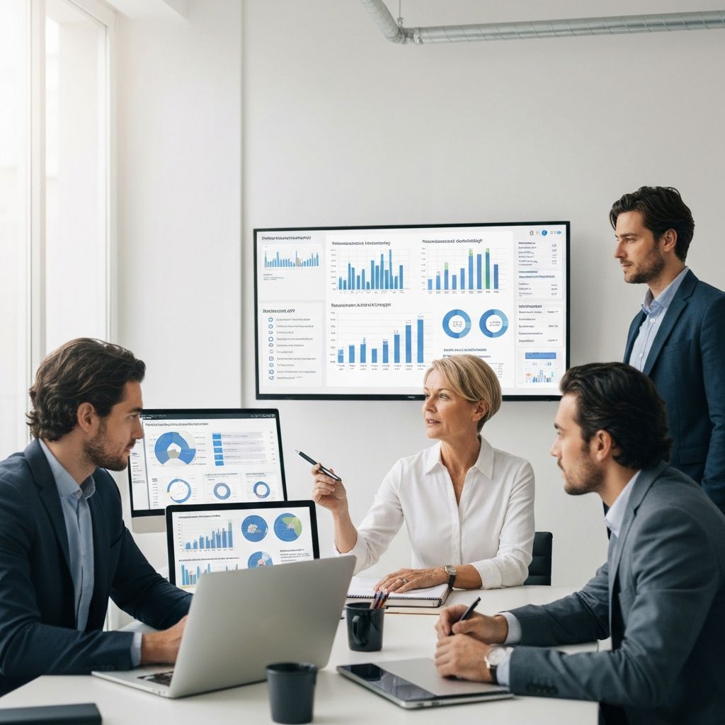 Equipo de consultores financieros trabajando con datos analíticos en oficina moderna, mostrando pantallas con dashboards de contabilidad de gestión, KPIs operativos y modelos financieros para industria