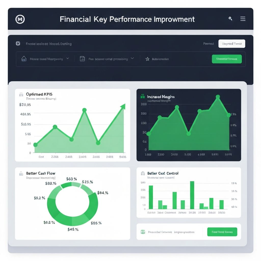 Gráficos de mejora de indicadores financieros en empresa industrial, mostrando dashboards con KPIs optimizados, reducción de ciclos de cierre, mejor control de márgenes y flujo de caja mejorado tras implementación